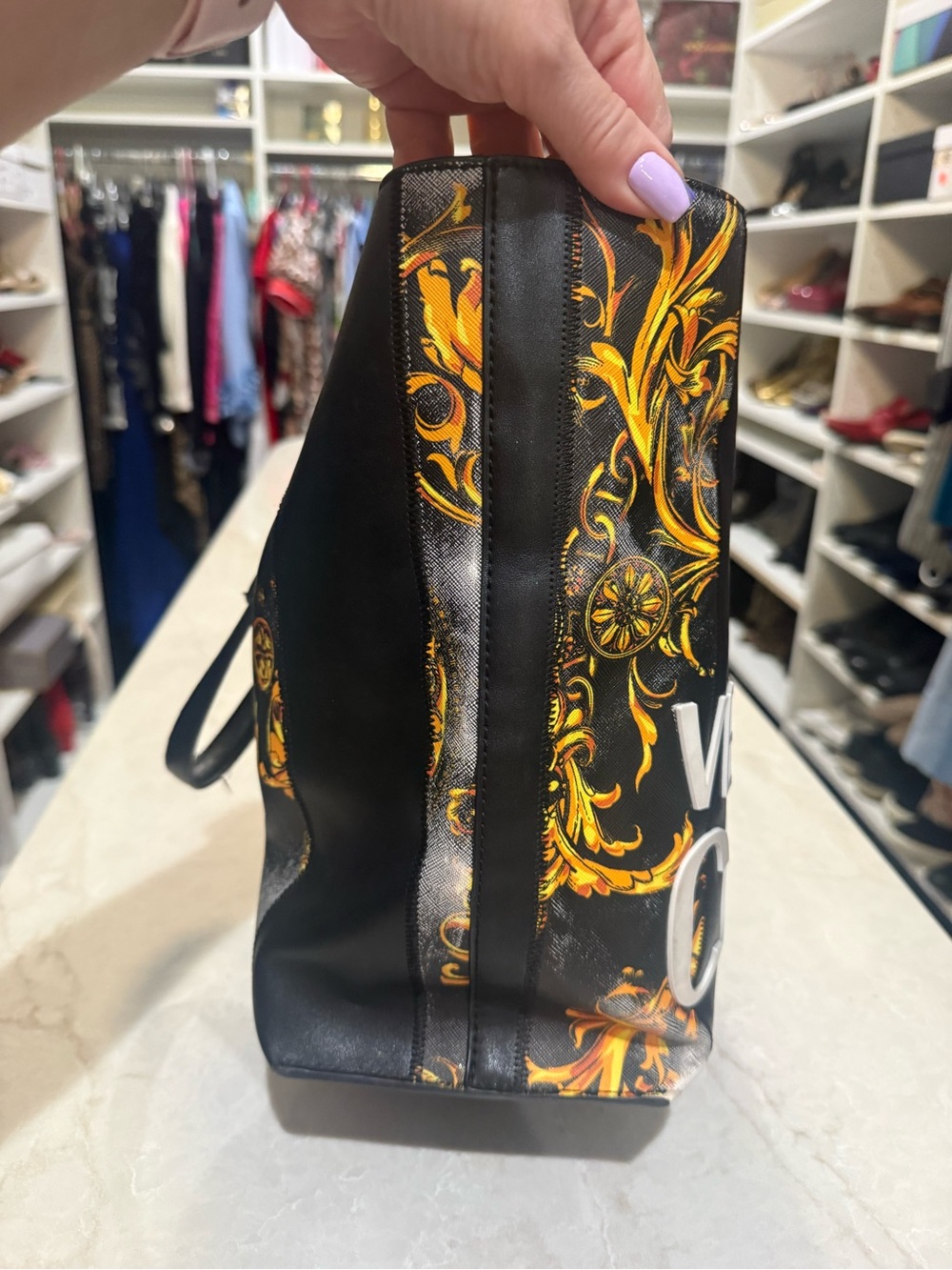 Versace JeansCouture
Baroque Stripe distressed Patchwork Pu 
 Tote Bag Pouch EUC - Picture 5 of 10